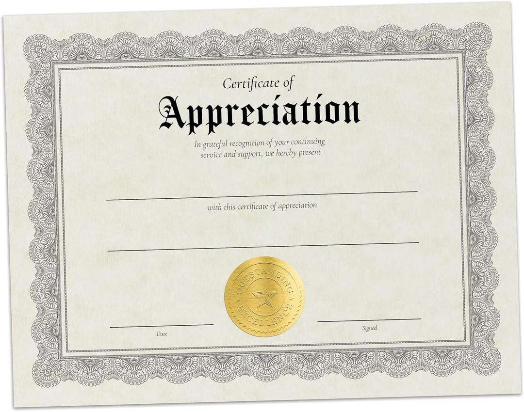 Hill Valley Greetings Certificate of Appreciation - 30 Fill in Award Certificates with Gold Foil Embossed Seals
