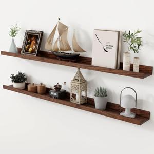 Axeman Oak Picture Ledge Shelf, 48 Inch Floating Shelves Set of 2, Solid Oak Wood Wall Shelves with Lip, Wall Decor Storage for Bedroom Living Room Bathroom Kitchen Nursery Photo Picture, Walnut (48inch)