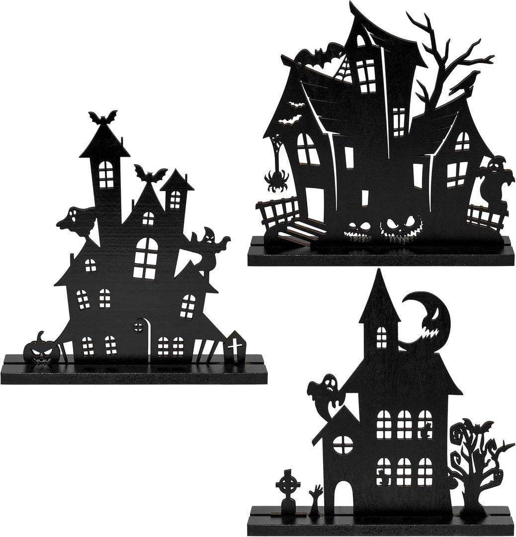 WATINC Halloween Wooden Centerpiece Decorations - 3Pcs Wood Silhouette Sketch Ghost House Tabletop Decor, Halloween Themed Black Pumpkin Boo Haunted House Detachable Table Topper for Home Kitchen