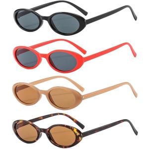 4 Piece Retro Oval Cat Eye Sunglasses for Women Y2k 90s Small Cateye Sun Glasses Trendy Narrow Shades (4Pcs Black+Red+Jelly Tea+Tortoise Tea)