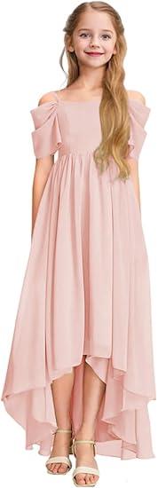Cold Shoulder Junior Bridesmaid Dress Girls A-line Asymmetrical Chiffon Birthday Wedding Party Dresses, Dusty Pink 