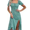 SPRIME Women's Floral Summer Casual Dress Square Neck Puff Sleeve Boho Midi Dresses Ruched High Waist Split Long Dress (Green Floral, X-Large)