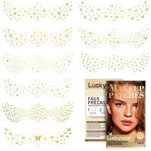 3 x Face Glitter Freckles Makeup Patches Gold Glitter Freckles Face Tattoo 9 Style Set Speckles Sparkle Freckle Temporary Tattoo Beauty Face Freckles Waterproof Faux Fake Freckle for Music Party Makeup