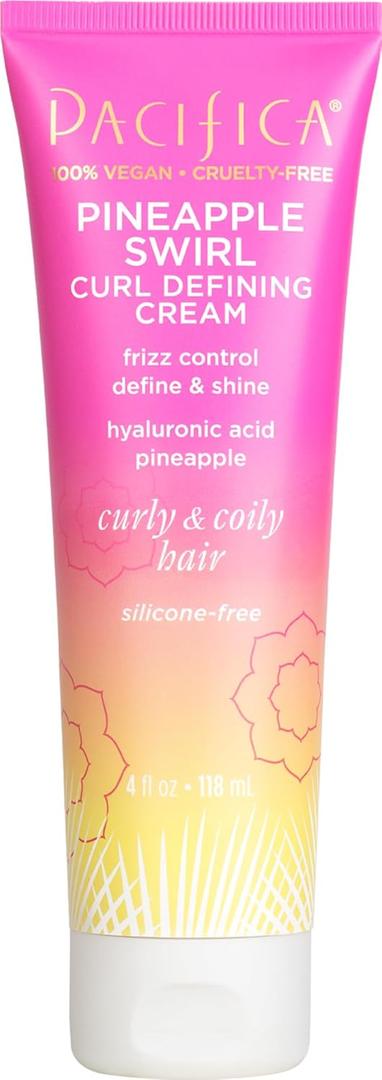 Pacifica Pineapple Swirl Curl Defining Cream  Bounce, Frizz Control & Curl Enhancer Styling Cream for Curly Hair & Wavy Hair  Coconut Oil & Hyaluronic Acid For No-Crunch Hold  Cruelty-Free  4-oz | for Curly Hair, 4 oz, Frizz Control, Curl Enhancer, Styling Cream (4 Fl Oz (Pack of 1))