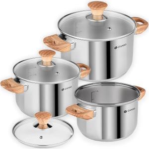 Daniks Oslo 6-Piece Stainless Steel Cookware Set with Glass Lids, Tri-Ply Bases for Even Heating, Induction Compatible, Dishwasher Safe, Bakelite Handles