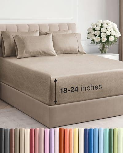 Extra Deep King Sheet Set - 6 Piece Breathable and Cooling Sheets - Hotel Luxury Bedding for Women, Men, Kids & Teens - Easy Secure Fit - Soft and Wrinkle Free - Extra Deep Pockets - Heathered Beige
