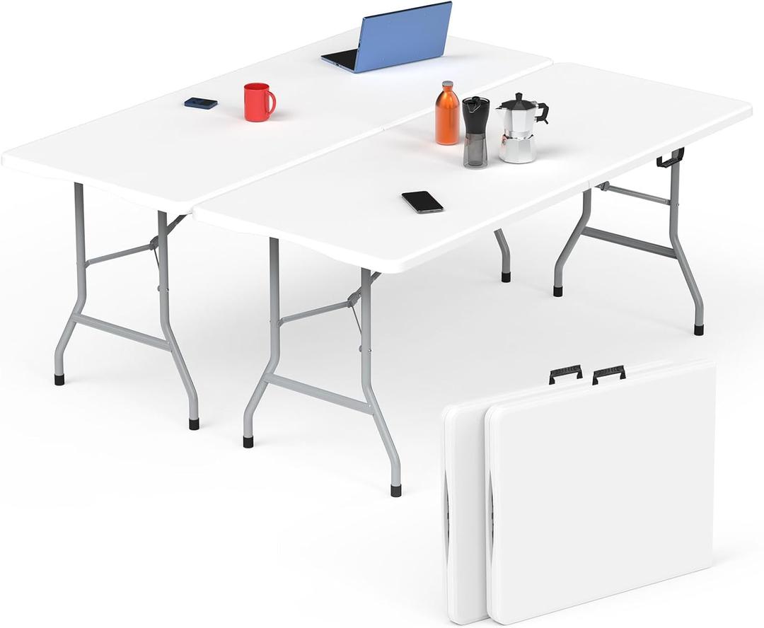 HLPB Folding Table - 2 Pcs, 6 ft Portable Camping Table with Handle and Safety Locks, Foldable Plastic Dining Table for Indoor/Outdoor Use, Perfect for Picnics and Parties, 71 inches x 29 inches x 29 inches