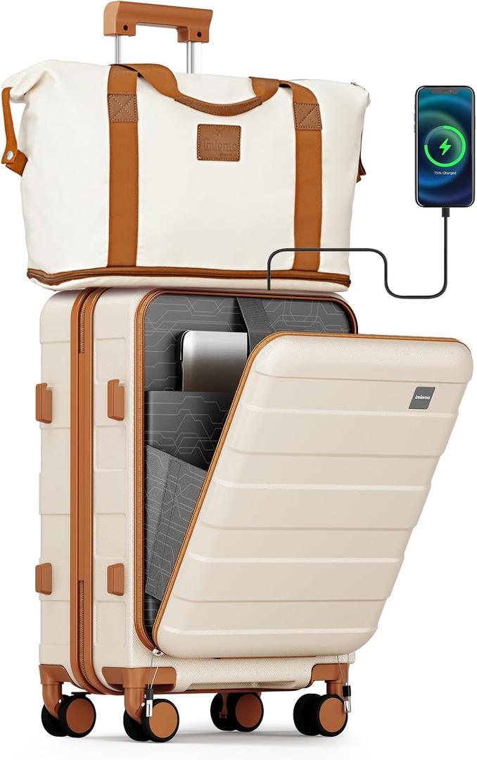 imiomo Carry on Luggage Airline Approved with Front Pocket and USB Port, Hard Shell 20 Inch Travel Carry-on Suitcase with Spinner Wheels and TSA Lock, White (3 piece set (BP/TB/20), Beige)