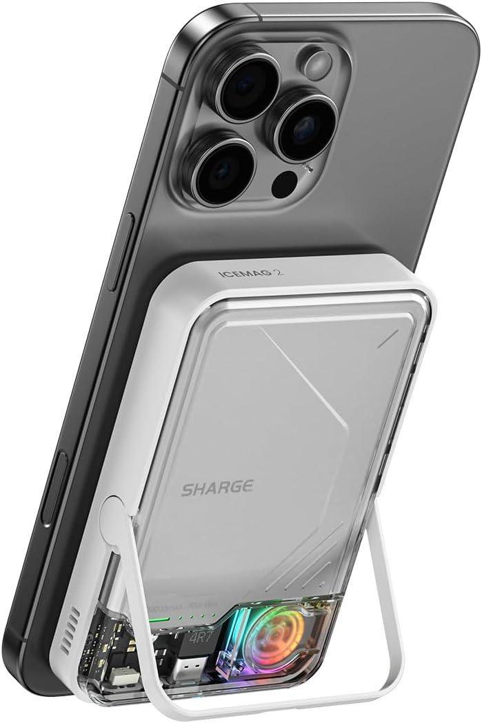 sharge ICEMAG 2 MagSafe Power Bank, 15W Qi2 Magnetic Portable Charger with Active Cooling 10000mAh Battery Pack with Foldable Stand Transparent, Design for iPhone 17/16/15/14 Series