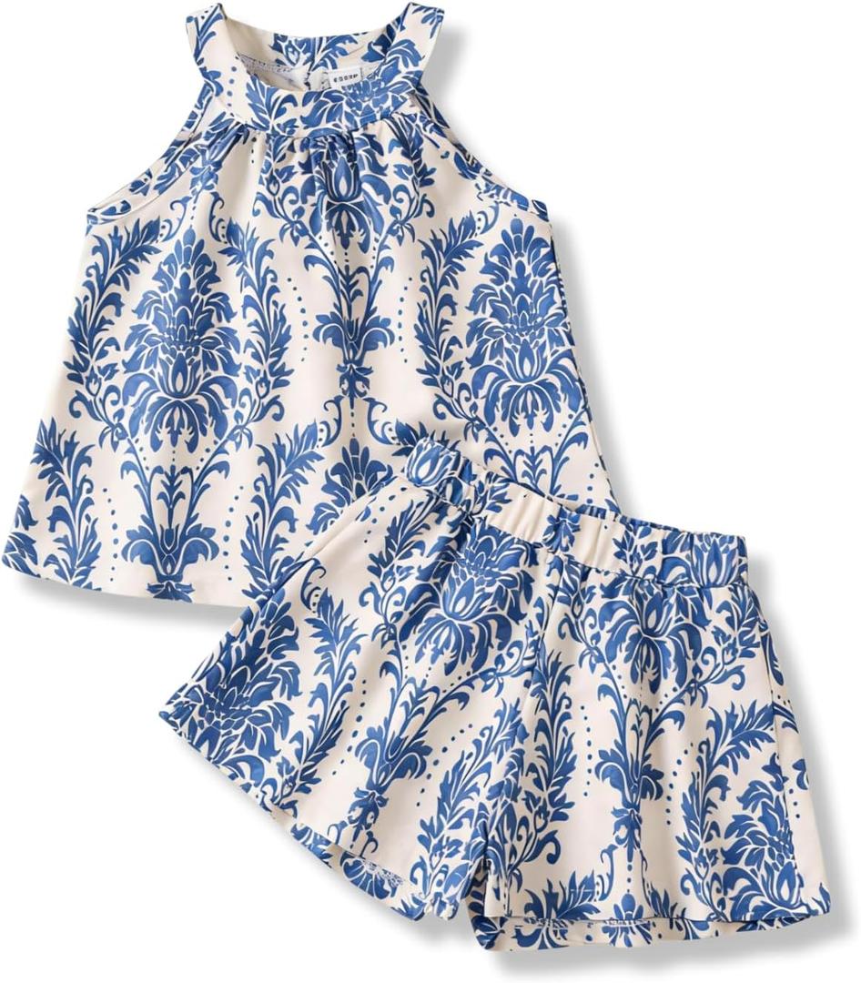 Girls Summer Outfits 2 Piece Halter Neck Floral Sleeveless Top and Short Pants Set Clothes for Kids Size 5-6 Years