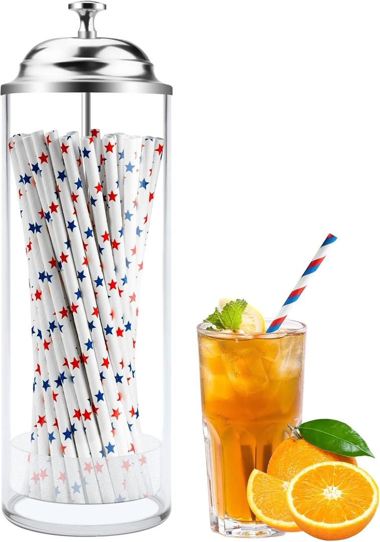 Straw Holder for Standard Size Drinking Straws, Mevtok Acrylic Plastic Straw Dispenser for Counter with Lid (Straws Not Include)