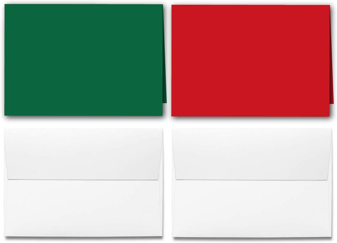Blank Christmas Greeting Cards - Holiday Red and Green 5" x 7" Half Folding Cards with White Envelopes - Makes 50 Sets