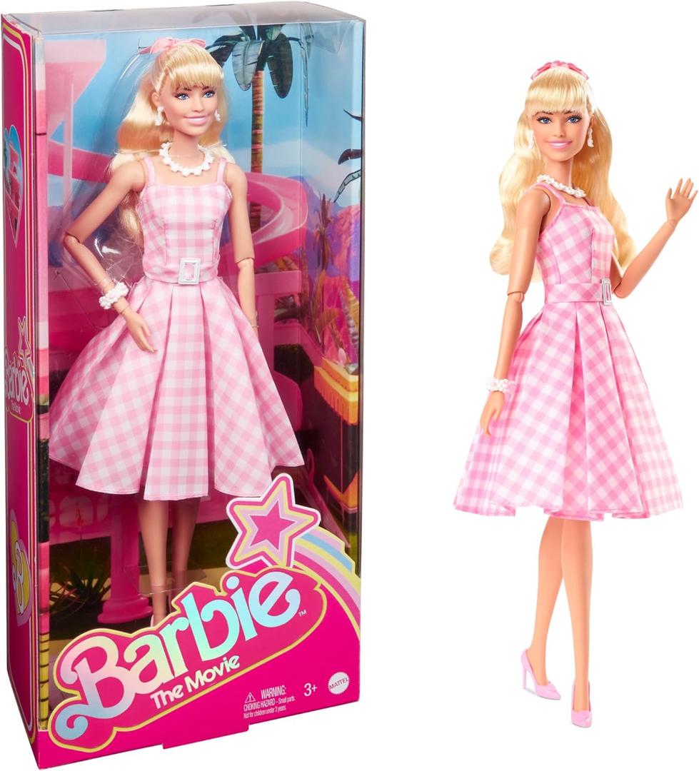 Barbie The Movie Doll, Margot Robbie as, Collectible Doll Wearing Pink and White Gingham Dress with Daisy Chain Necklace Barbie The Movie Doll, Margot Robbie as, Collectible Doll Wearing Pink and White Gingham Dress with Daisy Chain Necklace