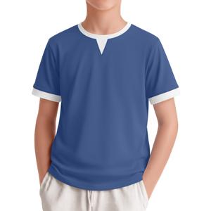 LessonZoo Boys Shirts Short Sleeve Color Block T-Shirts Baseball Kids Casual Geometric Tees Summer Fashion Crew Neck Tops(Denim Blue&White,7-8 Years)