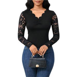 WDIRARA Women's Fall Lace Long Sleeve Tops Trendy Slim Fitted V Neck Knit Going Out Outfits Basic Sexy Tight T Shirts Small