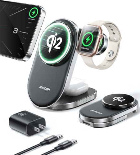 Qi2 3 in 1 Wireless Charging Station,JOYROOM 15W Fast Wireless Charger Stand for iPhone 16/15/14/13, Apple Watch, AirPods, Magnetic Foldable for MagSafe Charger for Multiple Devices (with 30w Adapter)