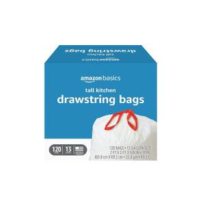  Amazon Basics Tall Kitchen Drawstring Trash Bags, Sturdy and Tear Resistant, 13 Gallon, Unscented, 120 Count