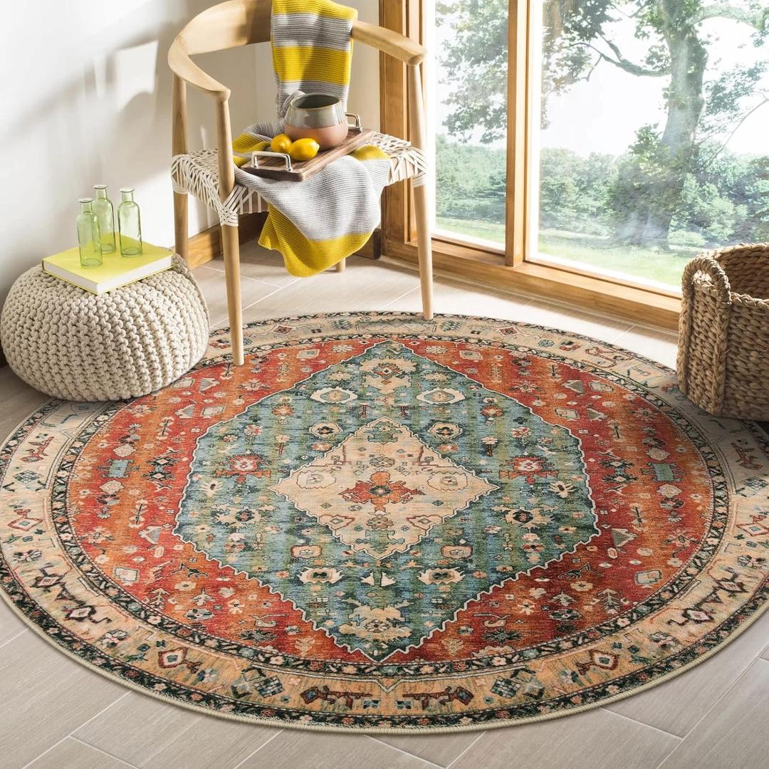 Lahome Boho Tribal Round Rug 4ft Washable Bedroom Round Area Rugs for Entryway, Soft Living Room Circular Rugs, Oriental Non-Slip Foyer Throw Mat Carpet for Nursery Kitchen (Rust/Dull Teal,4ft-Round)