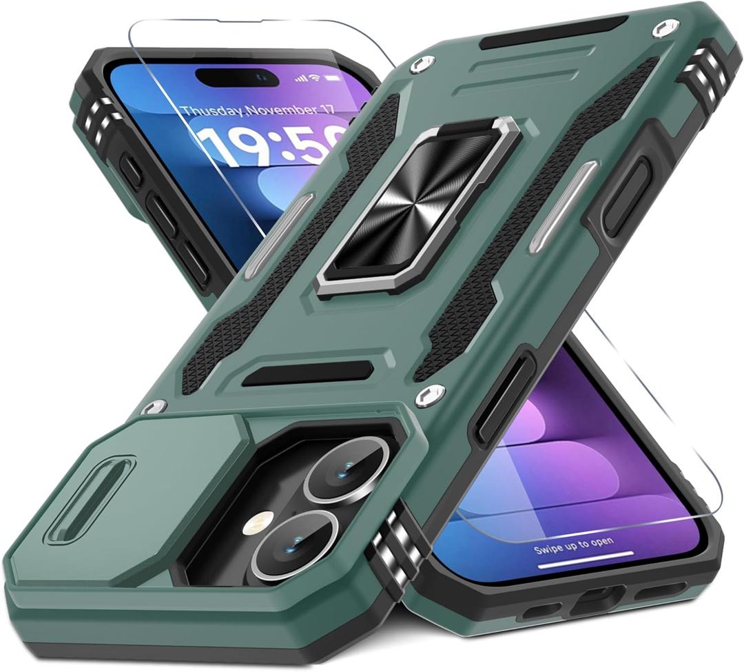 DEERLAMN Case for iPhone 16 Plus with Slide Camera Cover+Screen Protector (1 Pack), Rotated Ring Kickstand Military Grade Shockproof Protective Cover-Green