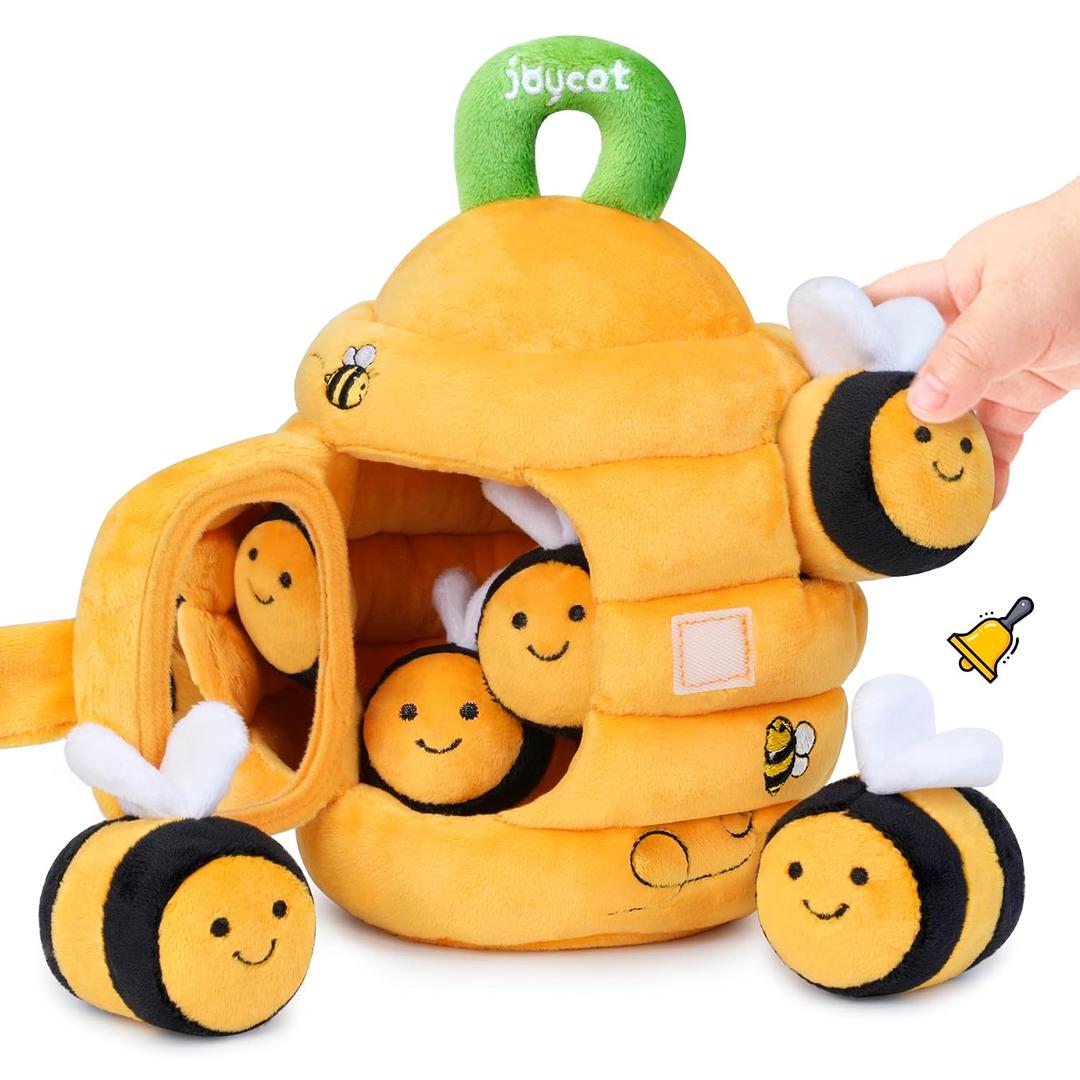 JoyCat Baby Toys 6-12 Months - Soft Baby Beehive with 5 Sensory Bees - Rattle, Crinkle Paper, Squeaker, Mirror, Busy Montessori Soft Toys for Toddlers 0-3 Years Old - Baby Easter Basket Stuffers Gift