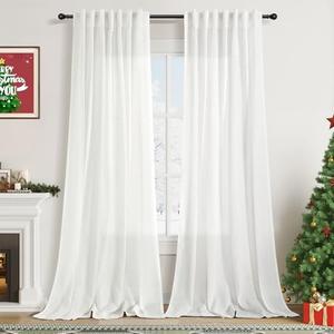 Ivory Linen Curtains 108 Inches Long 2 Panels Back Tab Pocket Modern Farmhouse Linen Light Filtering Curtains Off White Extra Long Semi Sheer Curtain Drapes for Living Room Bedroom 9Ft 52X108