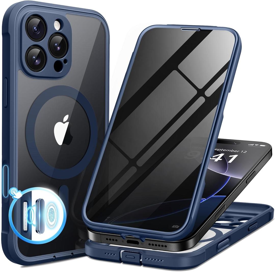 BERFY for iPhone 16 Pro Case, Compatible with MagSafe, Built-in Privacy Screen Protector and Camera Protection, Anti-Spy Full Body Shockproof Clear Phone Case for 16 Pro 6.3", Blue