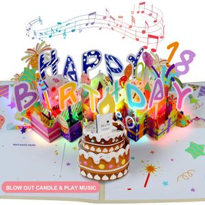 Olatay 3D Musical Birthday Card, Blowable LED Light Candle, 3D Birthday Popup Cards with DIY 0-9 Numbers, Blow Out Led Light Candle, and Play Happy Birthday Music for Kids Men and Women