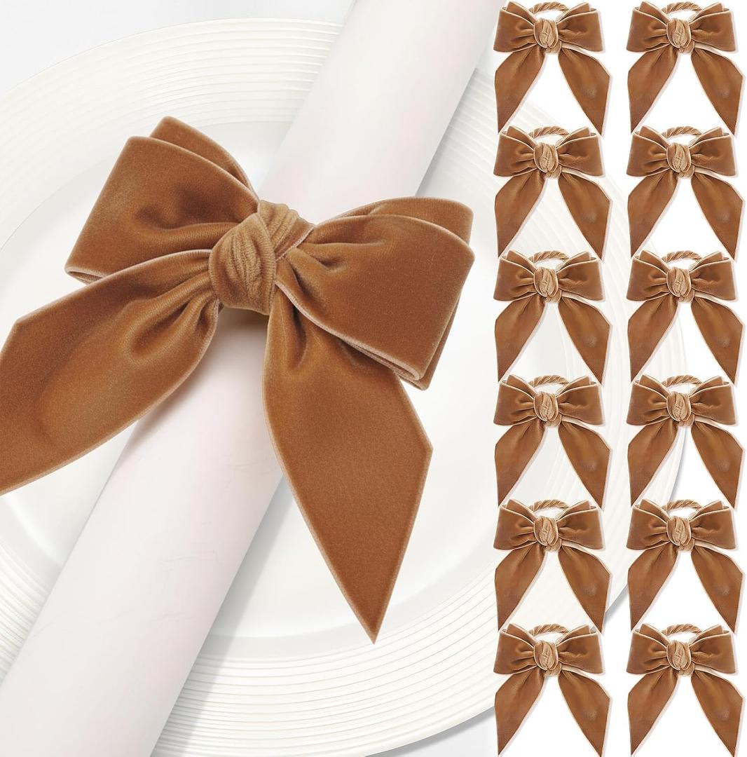 WILLBOND 12 Pack Velvet Bow Napkin Rings, Christmas Bowknot Napkin Holder Ring Dining Table Decor for Xmas Dinner Parties Holiday Wedding Home Table Setting(Camel)