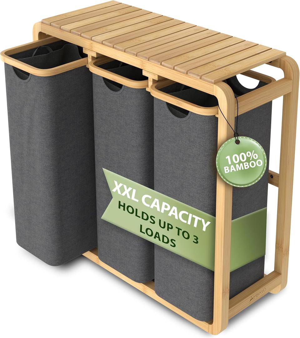 Laundry hamper 3 section grey - Space-saving laundry basket - Up to 40 gallons (5.35 cu ft) of storage - Sturdy bamboo construction - Storage area - Removable, washable laundry bags