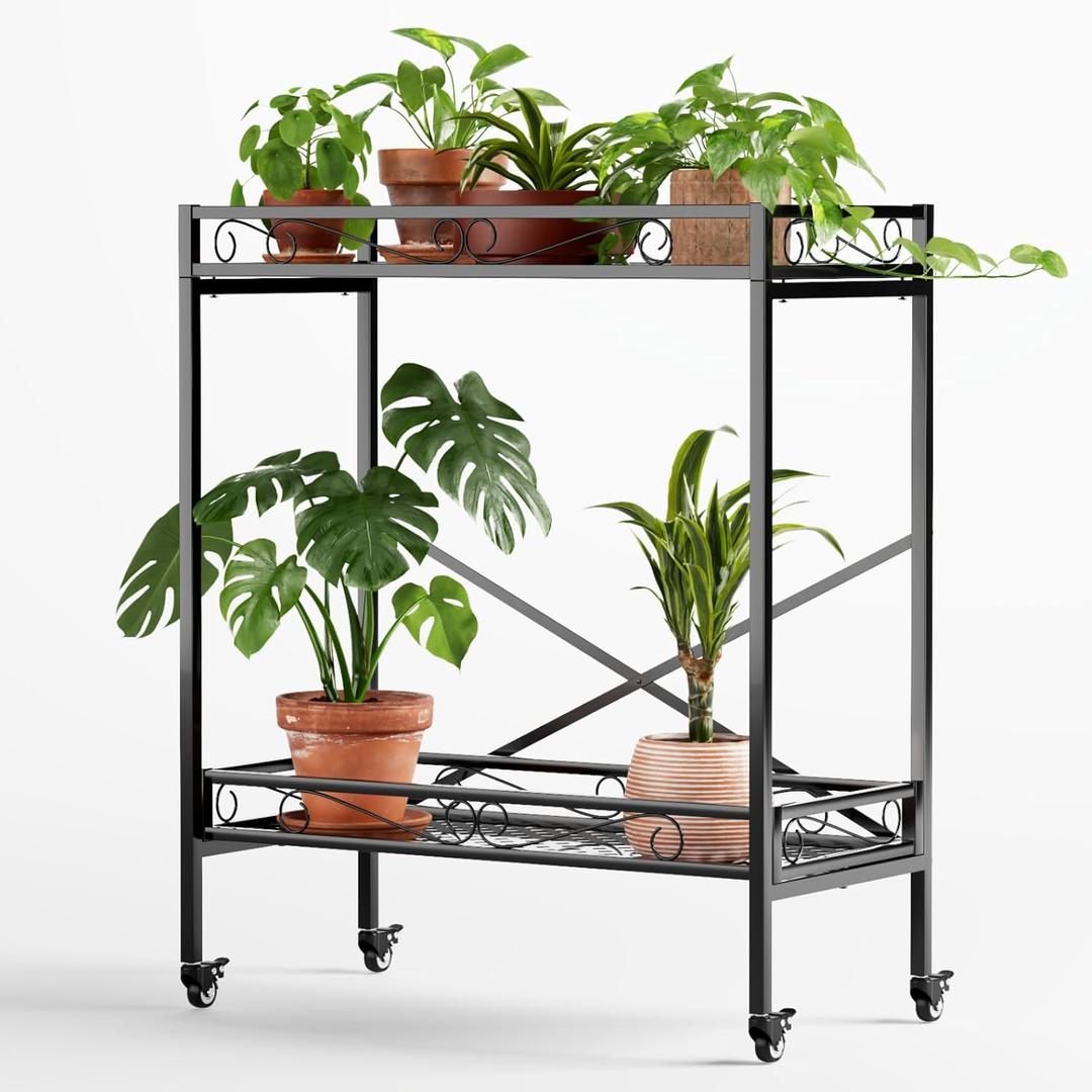 Zhongma 2 Tier Window Height Sturdy Metal Plant Stand with Wheels, 32.7x16x39.4 Inch High, Heavy Duty Succulent Shelf for Home Indoor and Outdoor, 440 LBS Capacity & Heavy Duty Construction