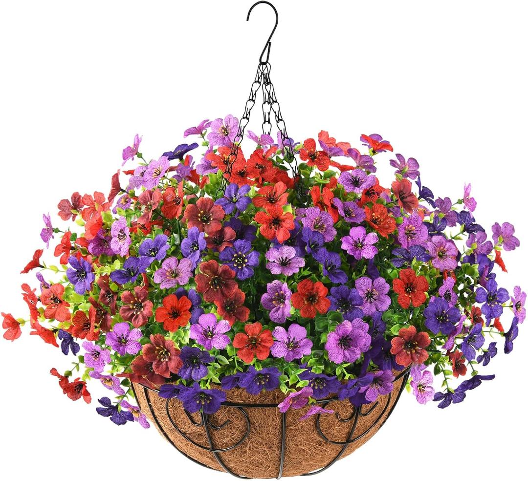 Artificial Flowers Hanging Baskets, Multicolor 12 Bundles Faux Flower Outdoor Hanging Basket Spring Summer Decoration, Fake Plants for Porch Patio Balcony Home Yard Decor(Mixd 2) (Light/Deep Purple,red,brown)