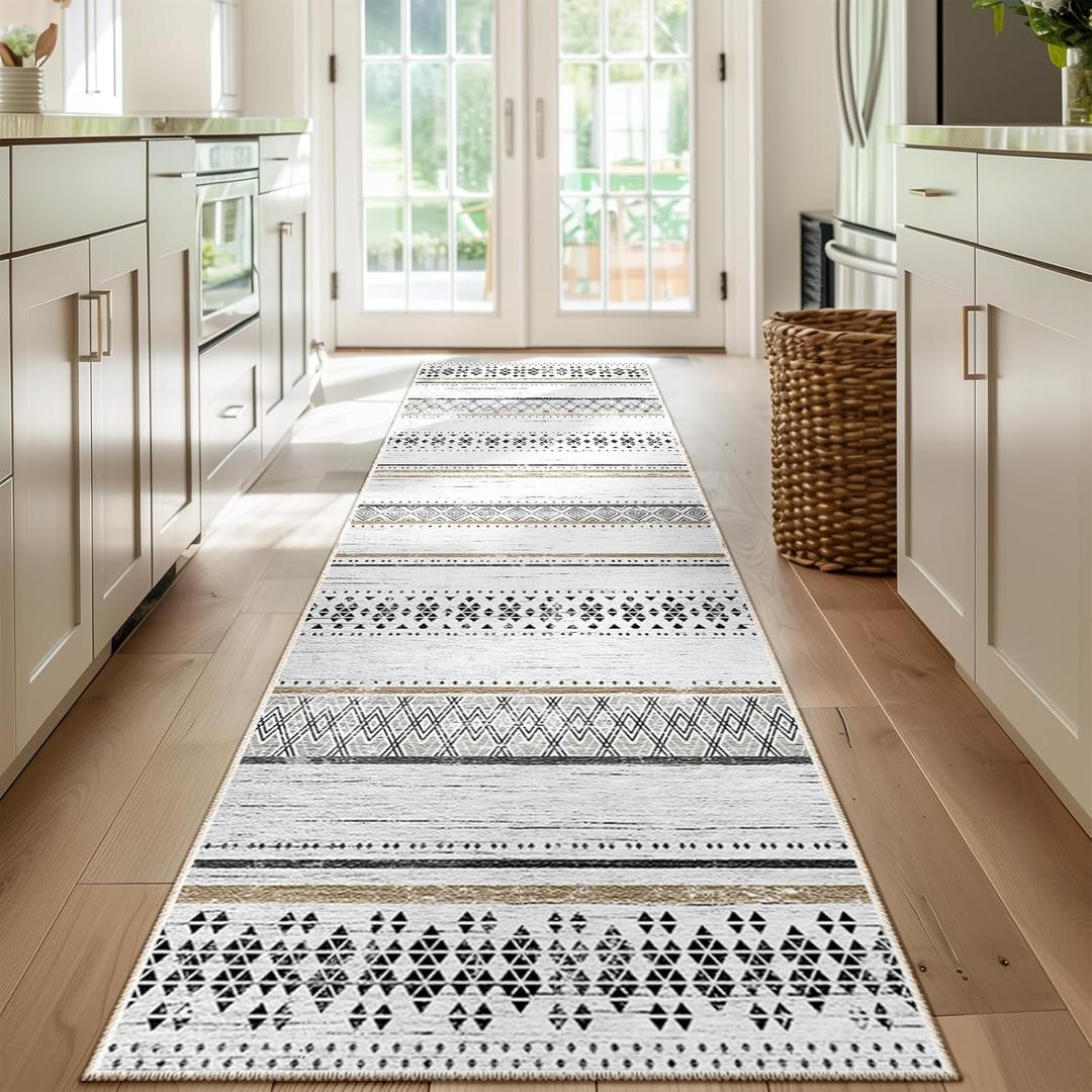 BESTSWEETIE 2x8 Area Rugs for Living Room Washable Moroccan Farmhouse Neutral Geometric Low Pile Non-Slip Soft Print Pattern Rug for Bedroom Kitchen Dining Room Entryway Black/Brown