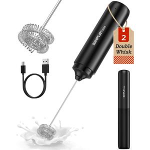 SIMPLETASTE Milk Frother Handheld Electric Foam Maker, Drink Mixer with Stainless Steel Whisk for Cappuccino, Bulletproof Coffee, Latte, Black, without Stand, USB-C Rechargeable, Glossy Black