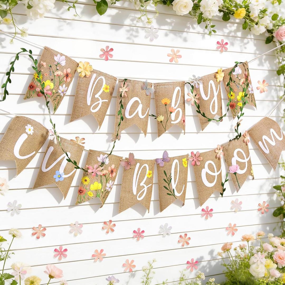 Baby in Bloom Baby Shower Burlap Banner, Flower Themed Baby Shower Decorations with Green Leaf String and Artificial petals and little Butterfly Decorations for Girls