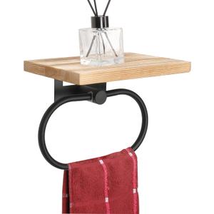 TocTen Hand Towel Holder for Bathroom Wall Mount Towel Ring with Wooden Shelf, Premium Metal Hand Towel Rack, Bathroom Accessories Rustic Hand Towel Hanger for Bathroom Kitchen RV(Matte Black)