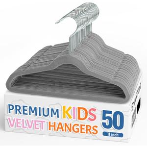 Smartor Premium 11 Inch Baby Hangers 50 Pack, Grey Kids Velvet Hanger, Non Slip, Space Saving Felt Hangers Clothes Organizers for Closet with 360 Swivel Hook for Children, Infant & Toddler
