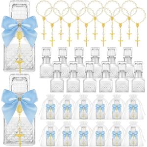 Chuangdi 24 Pcs 12 Sets Holy Water Bottles Baptism Favors for Guest Holy Water Container with Cross Rosary Organza Bag Bow 50ml Glass Empty Container for Communion Christian Wedding (Elegant,Blue)