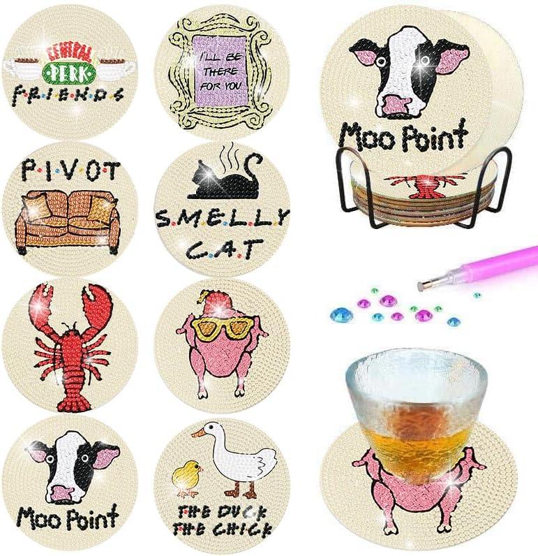 8 Pcs Diamond Painting Coasters- 5D Friends Diamond Painting Coasters Kits，DIY Diamond Art Coasters with Holder Non Slip Coaster Crystal Sticky for Tabletop Protection and Gifts （3.94x3.94Inch)