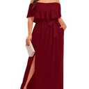 Plus Size Off Shoulder Long Burgundy Maxi Slit Beach Casual Summer Formal Wedding Guest Ruffle Dress with Pockets Women 20W