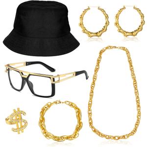 80s 90s Accessories Outfit for Woman Men Hip Hop Costume Kit Old School Rapper Jewelry (Black)