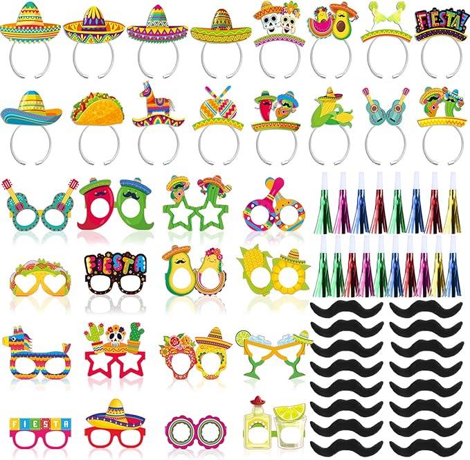 Blosssound 66 Pcs Mexican Fiesta Party Favors Cinco De Mayo Decorations Include Taco Sombrero Piñata Headbands Margarita Cactus Eyeglasses Noise Makers Black Mustaches for Mexican Party Supplies