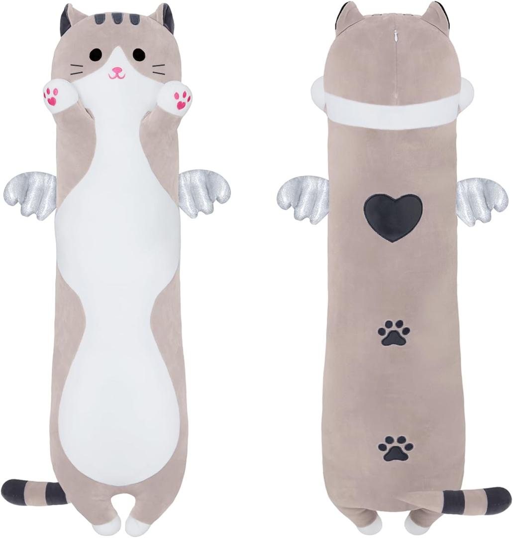 SNOWOLF Cute Long Cat Plush Body Pillow, Kawaii Cat Plushie Toys Cuddle Cartoon Stuffed Animals Soft Kitten Throw Pillow Doll Gift for Kids Girls Boys (27.5", Grey)