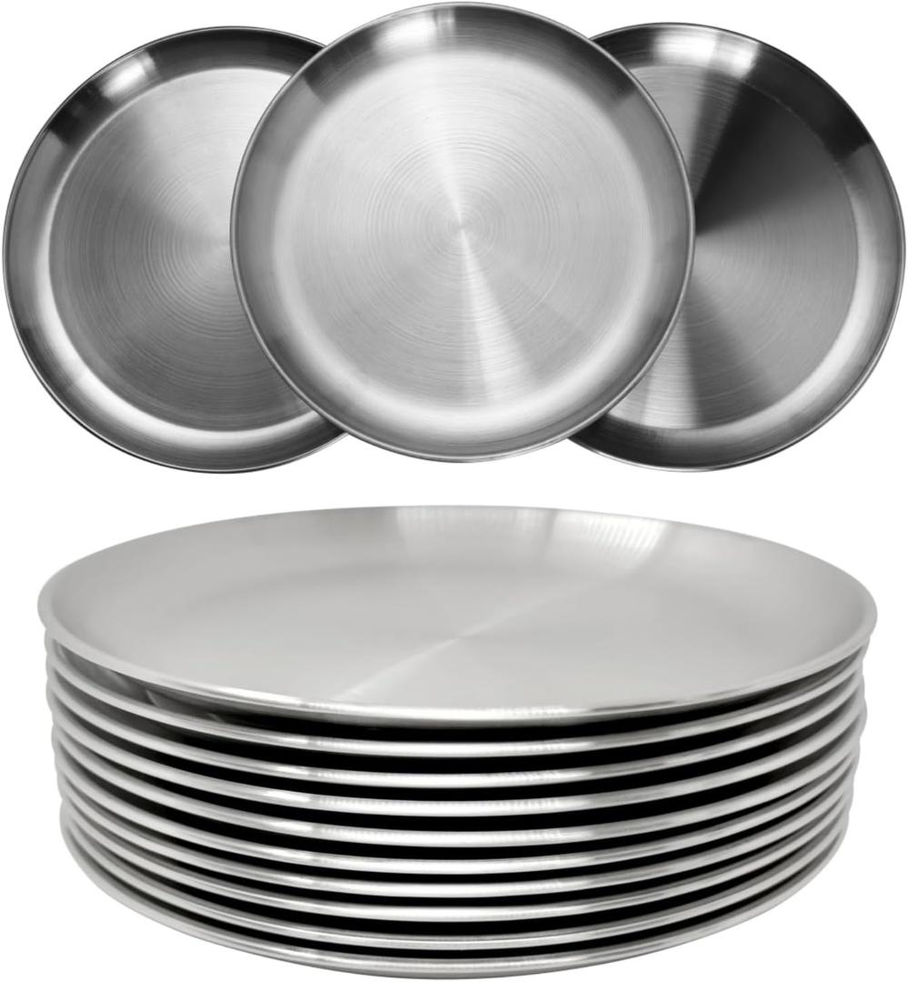 Stainless Steel Plates 9 inch 304 Metal Lightweight Unbreakable Dinner Dishes Plates Set Non-Toxin Dishwasher Safe BPA Free and Healthy (10 Pcs)