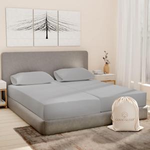 Good Sleep Bedding Split King Sheets Set, 100% Egyptian Cotton, Luxury Sateen Sheets, 5 Piece, 2 Fitted - 16" Deep Pocket, Light Gray