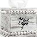 Bless You Beaded Square Tissue Box Cover, Rustic Farmhouse Vintage Wooden Tissue Holder Box Distressed Napkin Holder for Table Bathroom Decor(White)