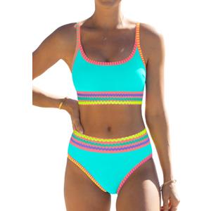 popvil High Waisted Bikini Sets for Women Neon 2 Piece Swimsuit 2026 Full Coverage Adjustable Straps Bathing Suit (Medium, Blue)