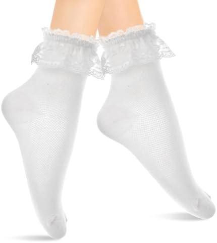 ElevateTech 2 Pairs Women Frilly Socks Ankle Socks Breathable Cool Ruffle Lace Sock Cotton Non-Slip Elasticity Uniform Cute Clothes Prom Party Accessories Gifts (White)