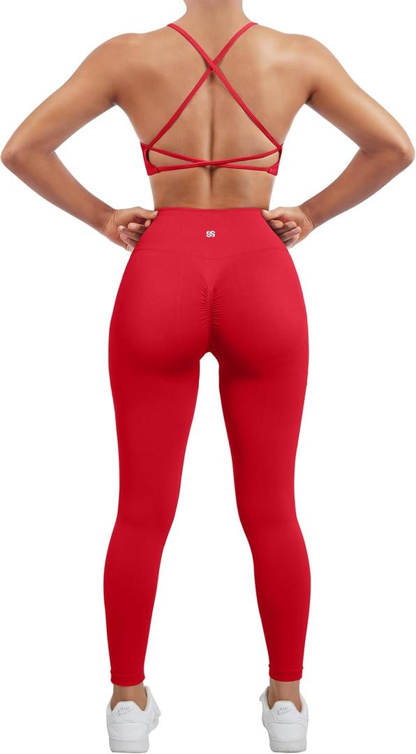 SUUKSESS Women Seamless Workout Sets Strappy Sports Bra High Waist Booty Leggings Outfits (2-4, #2 Red), S