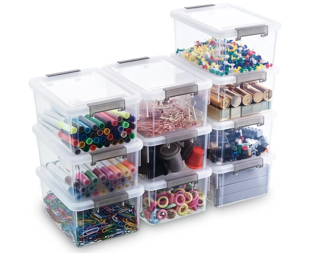 Citylife 1.3 QT 10 Pack Small Storage Bins Plastic Storage Container Stackable Box with Lids for Organizing, Clear White