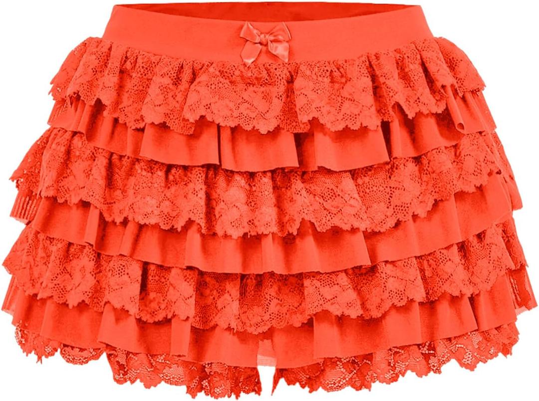 Women's Y2K Ruffle Mini Shorts Lace Sexy Bloomers Lolita Layered Skirt Cute Sweet Pettipants (Orange, XXL)